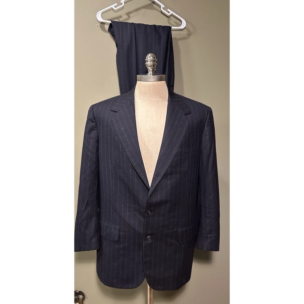 Oxxford Clothes Wool Suit Black Pinstripe 42R Exmoor 36X28 Pleated Cuff Bespoke